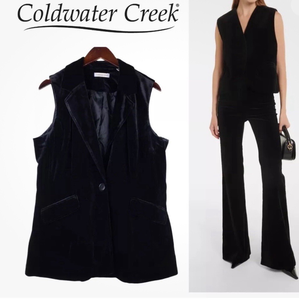 Coldwater Creek women's 12 sleeveless lined tunic black velour collar 1 button - Picture 2 of 5